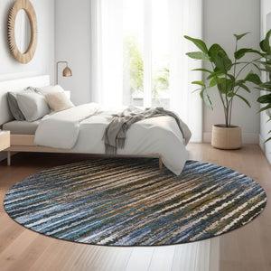 HomeRoots 8' Washable Round Area Rug with UV Protection - Stylish Blue, Brown & Gray Stripes for Family Homes 650983