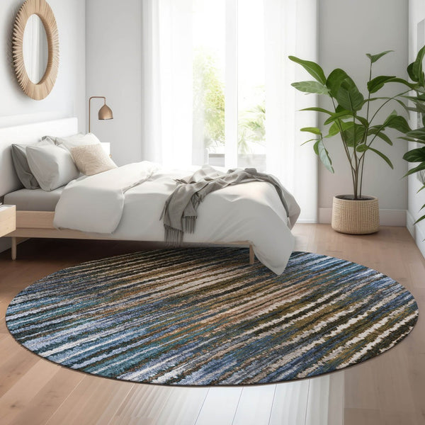 HomeRoots 8' Washable Round Area Rug with UV Protection - Stylish Blue, Brown & Gray Stripes for Family Homes 650983
