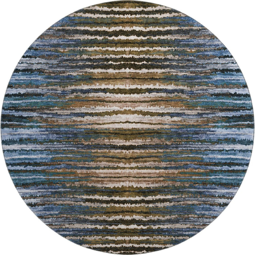 HomeRoots 8' Washable Round Area Rug with UV Protection - Stylish Blue, Brown & Gray Stripes for Family Homes 650983