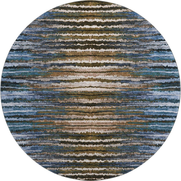 HomeRoots 8' Washable Round Area Rug with UV Protection - Stylish Blue, Brown & Gray Stripes for Family Homes 650983