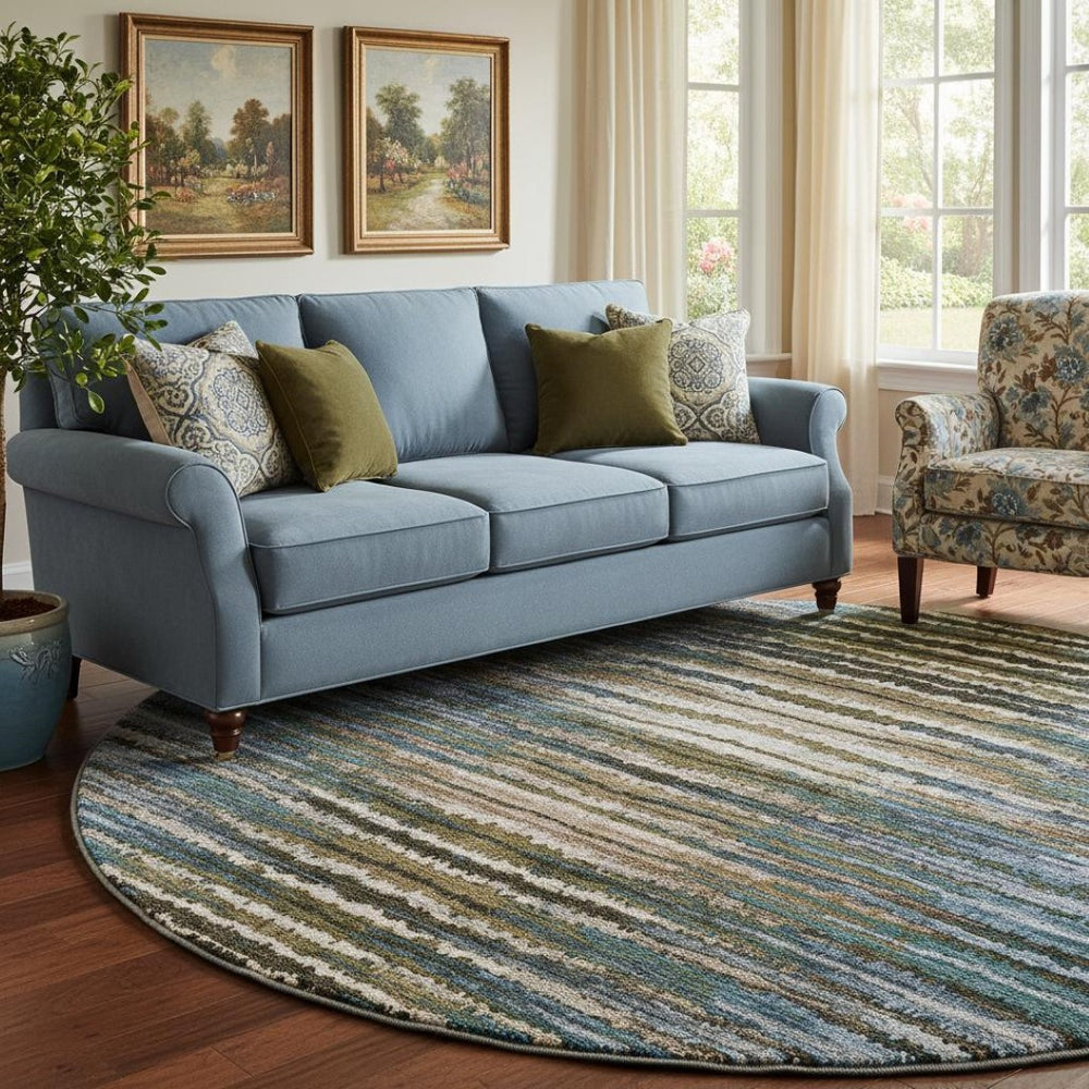 HomeRoots 8' Washable Round Area Rug with UV Protection - Stylish Blue, Brown & Gray Stripes for Family Homes 650983