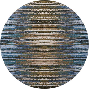 HomeRoots 8' Washable Round Area Rug with UV Protection - Stylish Blue, Brown & Gray Stripes for Family Homes 650983