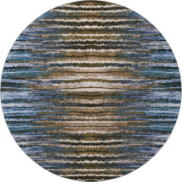 HomeRoots 8' Washable Round Area Rug with UV Protection - Stylish Blue, Brown & Gray Stripes for Family Homes 650983