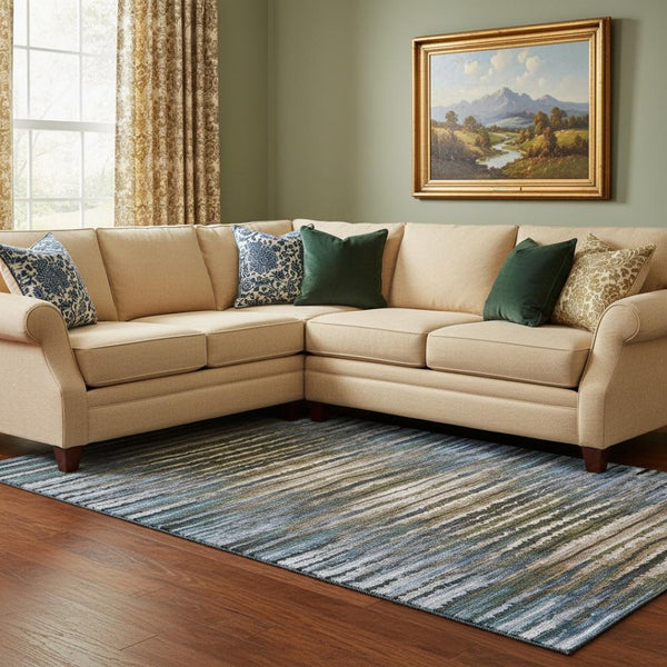 HomeRoots 8' X 10' Stylish Blue, Brown & Gray Striped Area Rug - Washable, UV Protected, Perfect for Families 650984