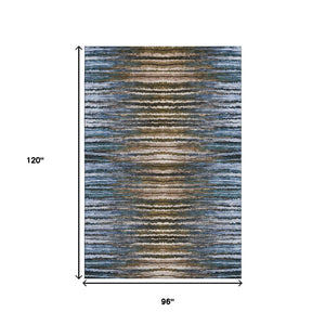 HomeRoots 8' X 10' Stylish Blue, Brown & Gray Striped Area Rug - Washable, UV Protected, Perfect for Families 650984