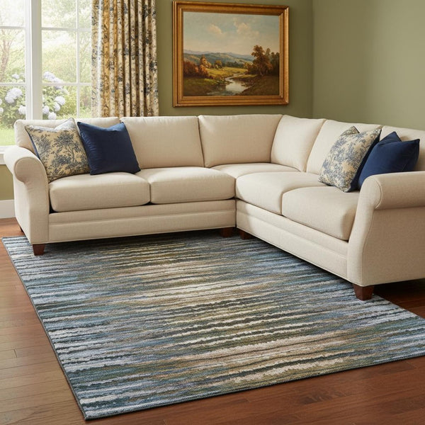 HomeRoots 9' X 12' Striped Washable Area Rug in Blue, Brown & Gray – Durable, UV-Protected for Busy Homes! 650985