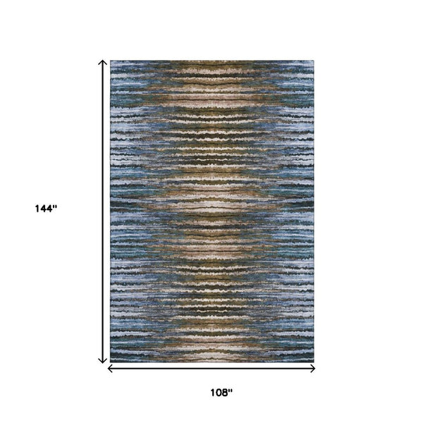 HomeRoots 9' X 12' Striped Washable Area Rug in Blue, Brown & Gray – Durable, UV-Protected for Busy Homes! 650985