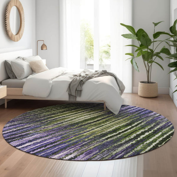 HomeRoots 8' Striped Round Rug in Purple, Green & Ivory - Washable, Stain-Resistant, UV Protected, Durable Design 650989