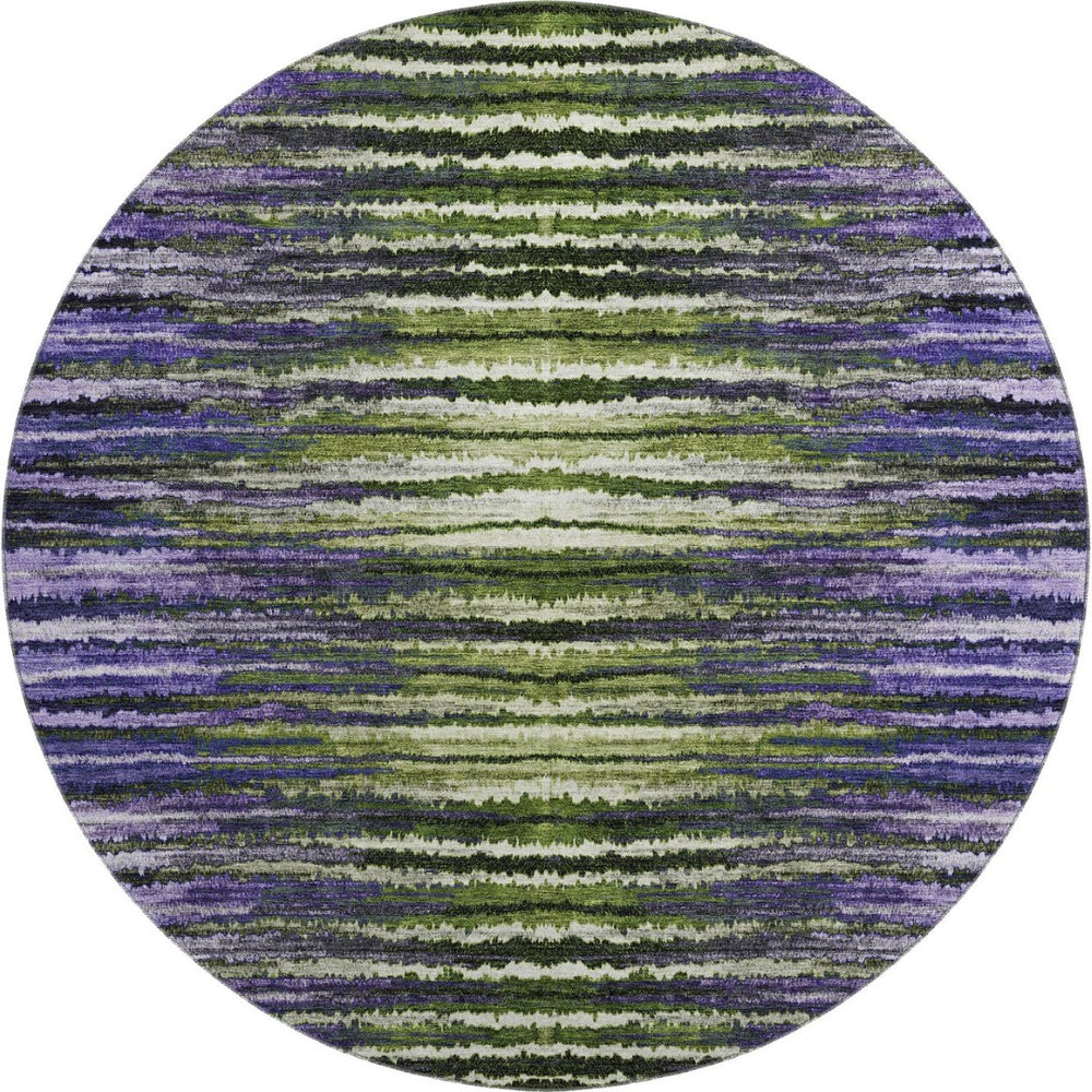 HomeRoots 8' Striped Round Rug in Purple, Green & Ivory - Washable, Stain-Resistant, UV Protected, Durable Design 650989
