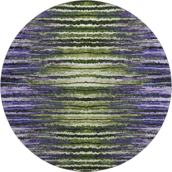 HomeRoots 8' Striped Round Rug in Purple, Green & Ivory - Washable, Stain-Resistant, UV Protected, Durable Design 650989