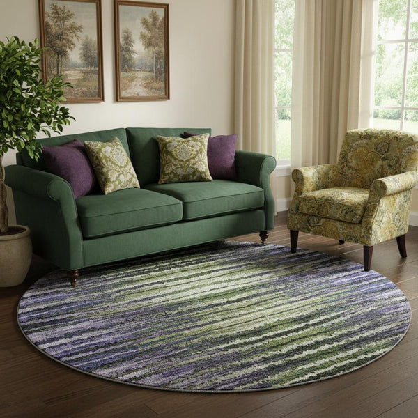 HomeRoots 8' Striped Round Rug in Purple, Green & Ivory - Washable, Stain-Resistant, UV Protected, Durable Design 650989