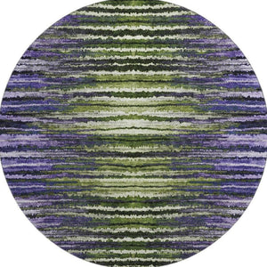 HomeRoots 8' Striped Round Rug in Purple, Green & Ivory - Washable, Stain-Resistant, UV Protected, Durable Design 650989