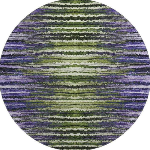 HomeRoots 8' Striped Round Rug in Purple, Green & Ivory - Washable, Stain-Resistant, UV Protected, Durable Design 650989