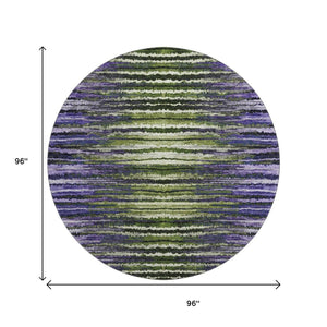 HomeRoots 8' Striped Round Rug in Purple, Green & Ivory - Washable, Stain-Resistant, UV Protected, Durable Design 650989