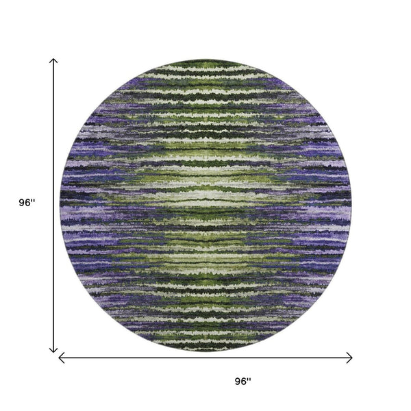 HomeRoots 8' Striped Round Rug in Purple, Green & Ivory - Washable, Stain-Resistant, UV Protected, Durable Design 650989