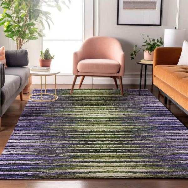 HomeRoots 8' X 10' Stylish Purple Green Ivory Striped Washable Area Rug – Durable, UV-Protected & Easy Care! 650990