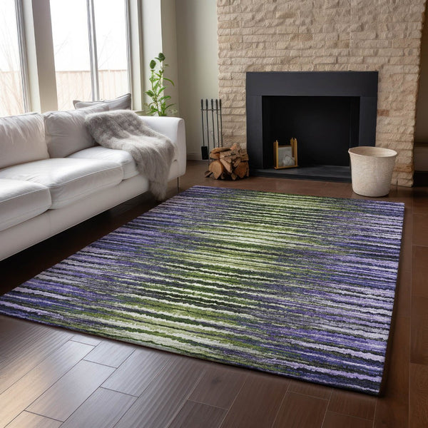 HomeRoots 8' X 10' Stylish Purple Green Ivory Striped Washable Area Rug – Durable, UV-Protected & Easy Care! 650990