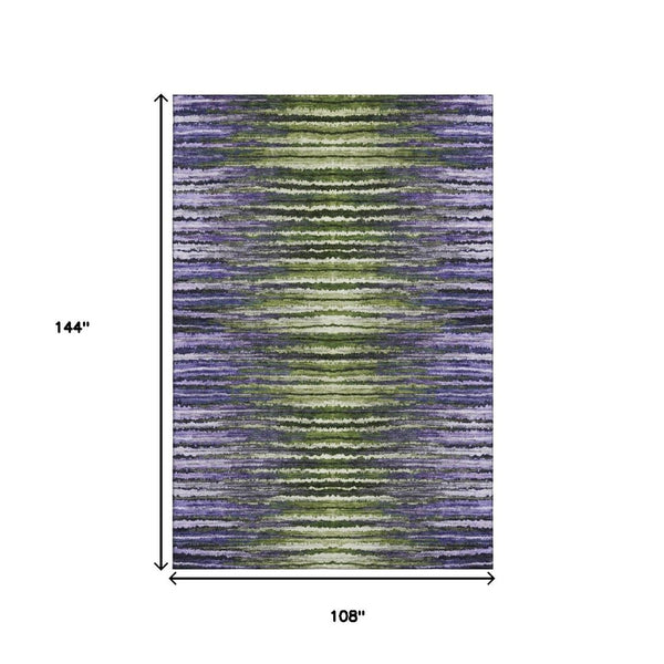HomeRoots 9' X 12' Striped Washable Area Rug in Purple, Green & Ivory - UV Protected, Kid & Pet Friendly! 650991