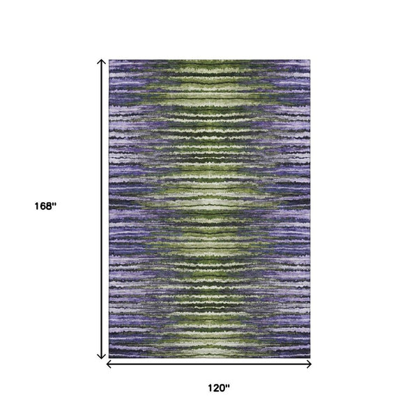 HomeRoots 10' X 14' Vibrant Purple, Green & Ivory Striped Washable Area Rug with UV Protection for Durability 650992
