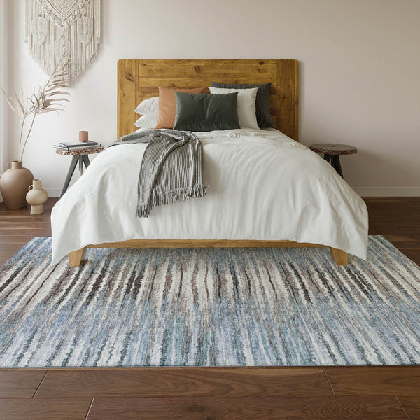 HomeRoots 5' X 8' Sky Blue, Coffee & Ivory Striped Washable Area Rug - Durable, UV Protected & Stain-Resistant 650994