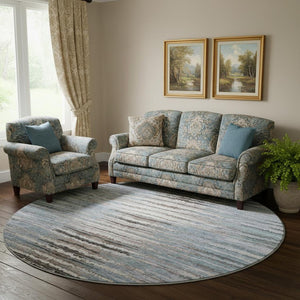 HomeRoots 8' Sky Blue Striped Round Rug - Durable, Washable, UV-Protected for Homes with Kids & Pets 650995