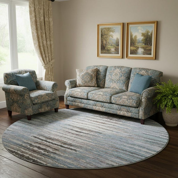 HomeRoots 8' Sky Blue Striped Round Rug - Durable, Washable, UV-Protected for Homes with Kids & Pets 650995