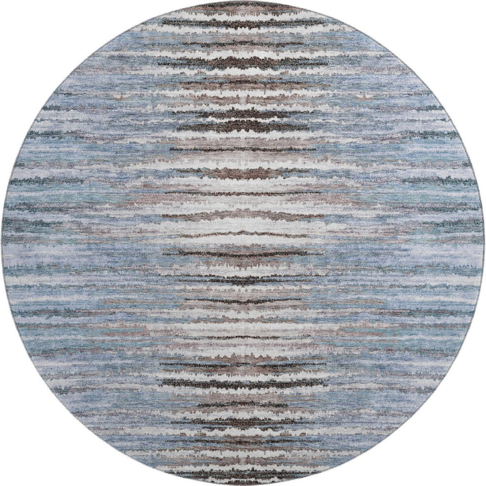 HomeRoots 8' Sky Blue Striped Round Rug - Durable, Washable, UV-Protected for Homes with Kids & Pets 650995