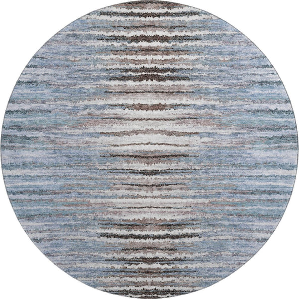 HomeRoots 8' Sky Blue Striped Round Rug - Durable, Washable, UV-Protected for Homes with Kids & Pets 650995