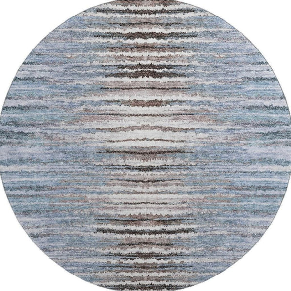 HomeRoots 8' Sky Blue Striped Round Rug - Durable, Washable, UV-Protected for Homes with Kids & Pets 650995