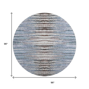 HomeRoots 8' Sky Blue Striped Round Rug - Durable, Washable, UV-Protected for Homes with Kids & Pets 650995
