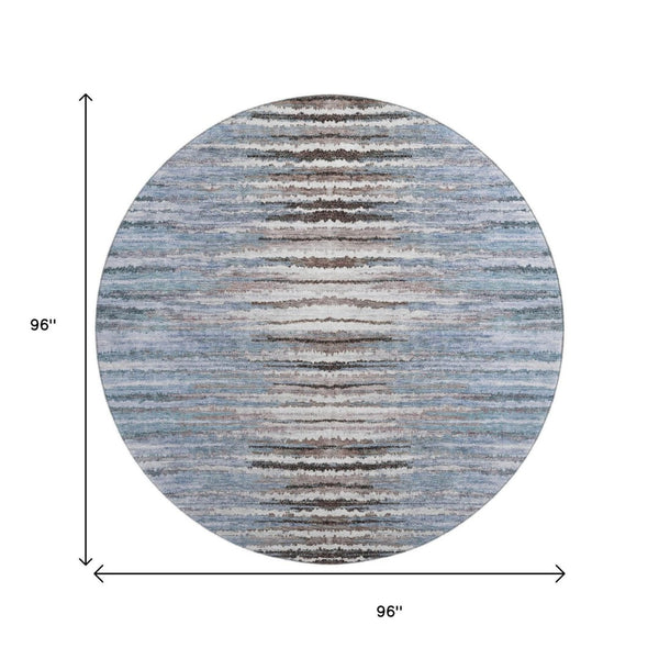 HomeRoots 8' Sky Blue Striped Round Rug - Durable, Washable, UV-Protected for Homes with Kids & Pets 650995