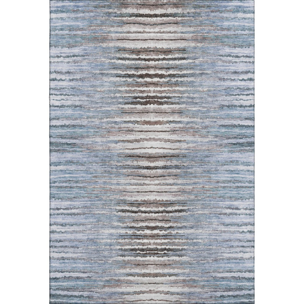 HomeRoots 9' X 12' Striped Sky Blue, Coffee, and Ivory Washable Area Rug with UV Protection for Busy Homes 650997