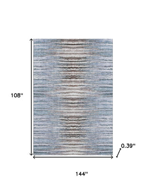 HomeRoots 9' X 12' Striped Sky Blue, Coffee, and Ivory Washable Area Rug with UV Protection for Busy Homes 650997