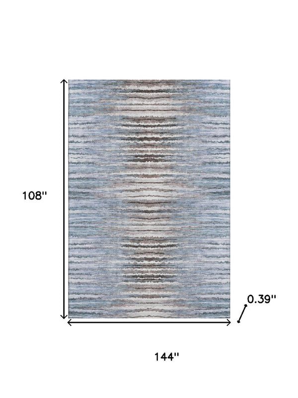 HomeRoots 9' X 12' Striped Sky Blue, Coffee, and Ivory Washable Area Rug with UV Protection for Busy Homes 650997