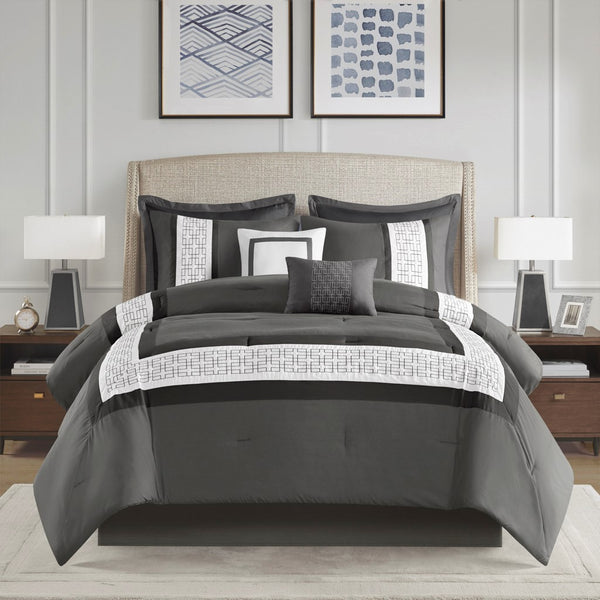 English Elm 8 Piece Embroidered Comforter Set In Dark Grey - Elegant Hotel-Style Queen Bedding For Modern Retreat B035P266658