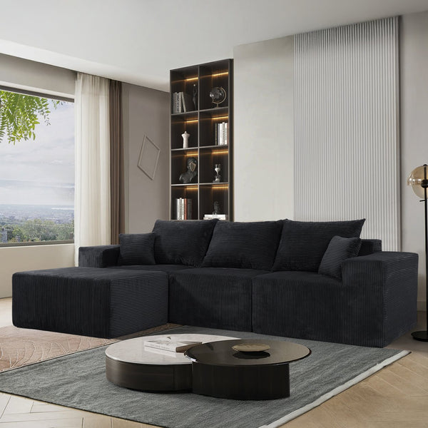 English Elm 4-Piece Modular L-Shaped Sectional Sofa with Corduroy Upholstery, Convertible Chaise, Pillows Included Black W3163S00038