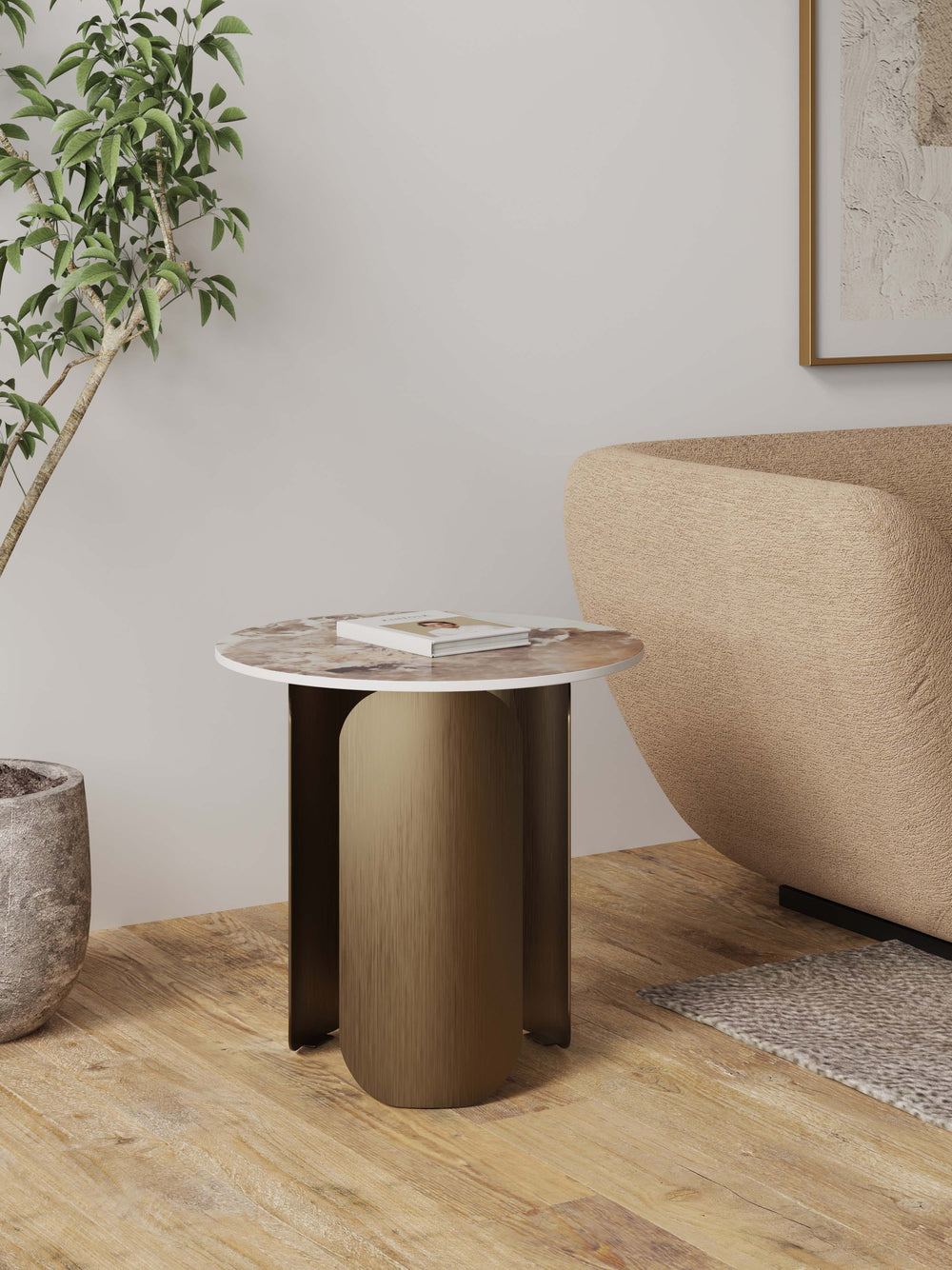 English Elm Monica Sintered Stone End Table with Bronze Gold Stainless Steel Base, 19.7" Round Top, Modern Elegance B365S00101