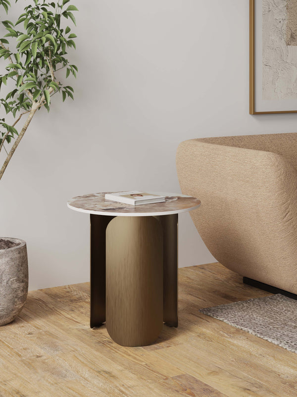 English Elm Monica Sintered Stone End Table with Bronze Gold Stainless Steel Base, 19.7" Round Top, Modern Elegance B365S00101