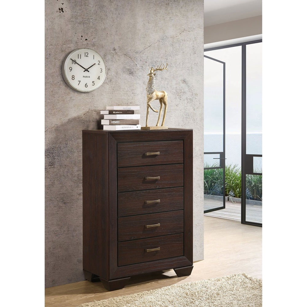 English Elm Hadfield Dark Cocoa 5-Drawer Chest with Tapered Legs, Spacious MDF Storage, Modern Dark Brown Finish B062P331055