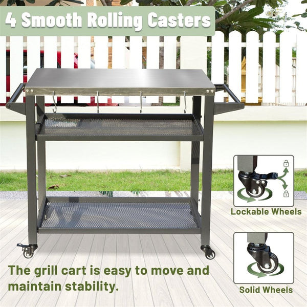 English Elm 3-shelf Outdoor Grill Cart with Stainless Steel Top Rolling Wheels Bbq Prep Station W1859P191833