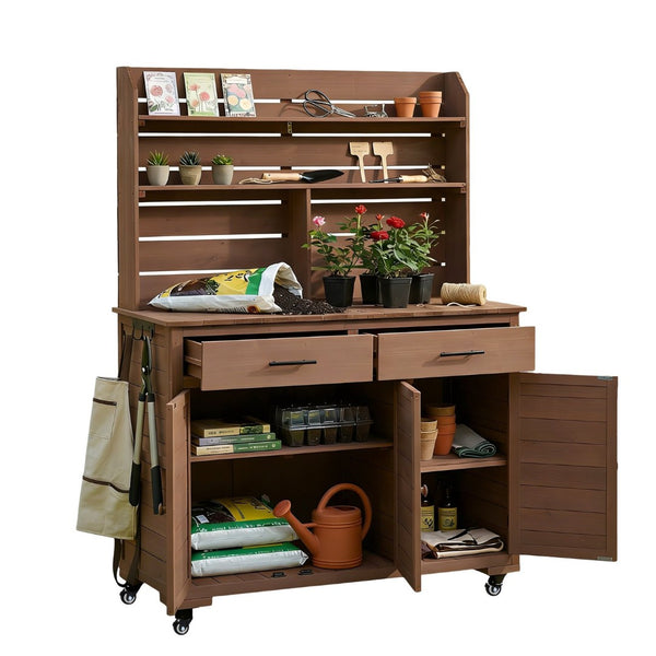 English Elm (assembly Video) Topmax Solid Fir Outdoor Potting Bench Grill Cart with Hutch Storage Brown N717P404333D