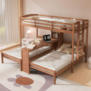 English Elm Twin Triple Bunk Bed with Built in Desk Open Shelving and Led Task Lighting Natural N7090002243N
