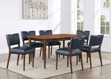 Comfort Pointe Bonito Midnight Blue Faux Leather Dining Set in Walnut Finish Blue faux leather / Walnut Solid and engineered wood, birch veneers, Faux Leather