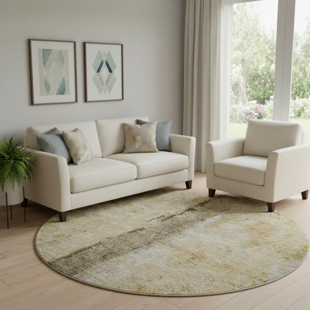 HomeRoots 8' Brown Gray and Ivory Abstract Round Rug – Washable, Stain-Resistant, UV Protected, Non-Slip Backing 651013