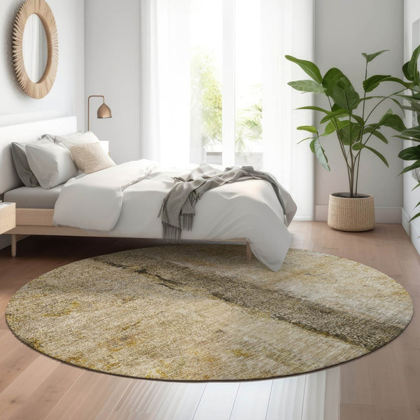 HomeRoots 8' Brown Gray and Ivory Abstract Round Rug – Washable, Stain-Resistant, UV Protected, Non-Slip Backing 651013