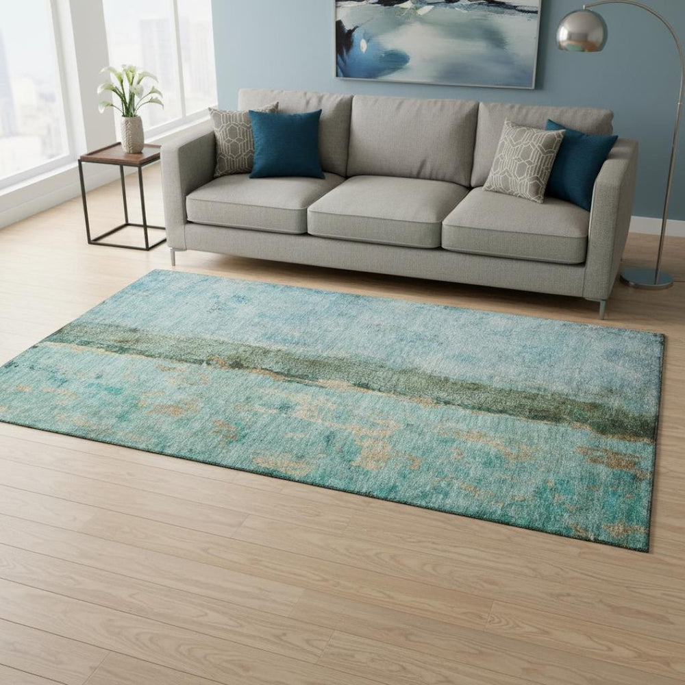HomeRoots 5' X 8' Vibrant Blue, Gold, and Green Abstract Area Rug - Washable, UV-Protected, Perfect for Homes 651018
