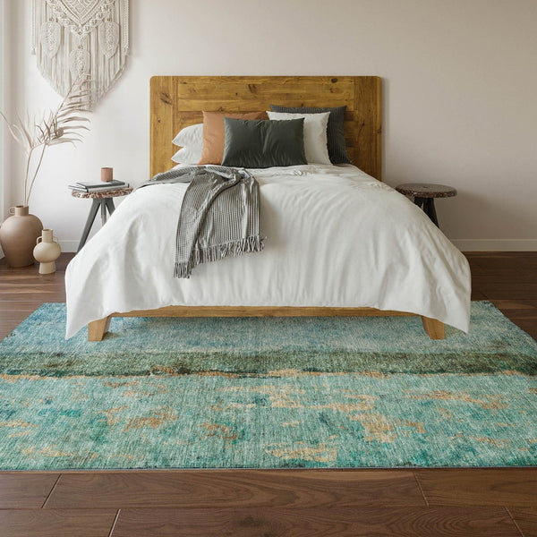 HomeRoots 5' X 8' Vibrant Blue, Gold, and Green Abstract Area Rug - Washable, UV-Protected, Perfect for Homes 651018
