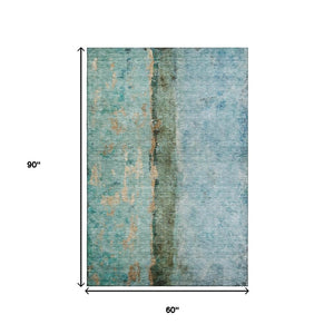 HomeRoots 5' X 8' Vibrant Blue, Gold, and Green Abstract Area Rug - Washable, UV-Protected, Perfect for Homes 651018