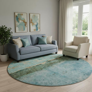 HomeRoots 8' Washable Round Rug in Blue, Gold & Green - Abstract Design with UV Protection for Durability & Style 651019