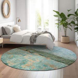 HomeRoots 8' Washable Round Rug in Blue, Gold & Green - Abstract Design with UV Protection for Durability & Style 651019